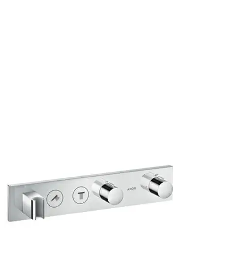 Thermostatmodul von AXOR zur Steuerung von zwei Wasserverbrauchern, mit zwei Drehreglern und einem Schalter, montiert auf einer rechteckigen Wandplatte in Chromfarbe.
